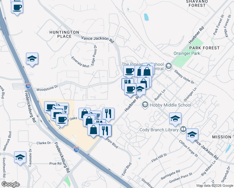 map of restaurants, bars, coffee shops, grocery stores, and more near 11539 Huebner Road in San Antonio