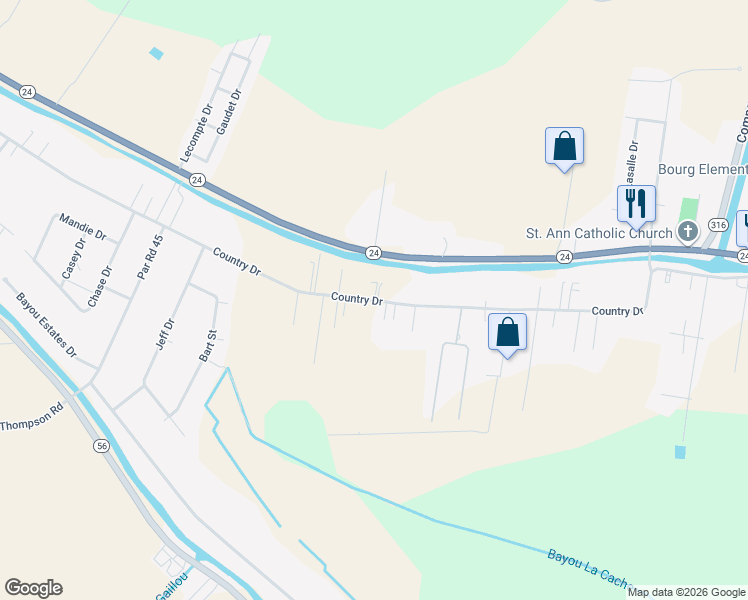 map of restaurants, bars, coffee shops, grocery stores, and more near Rockabye Lane in Bourg
