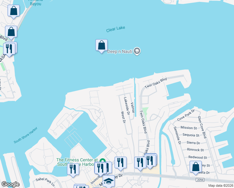 map of restaurants, bars, coffee shops, grocery stores, and more near 2912 Oak Road in League City