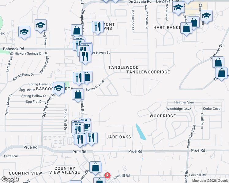 map of restaurants, bars, coffee shops, grocery stores, and more near 6310 Club Oaks Street in San Antonio