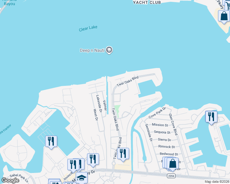 map of restaurants, bars, coffee shops, grocery stores, and more near 101 Lago Vista Street in Kemah