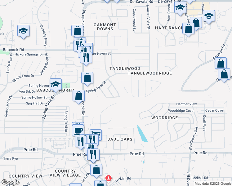 map of restaurants, bars, coffee shops, grocery stores, and more near 6310 Club Oaks Street in San Antonio