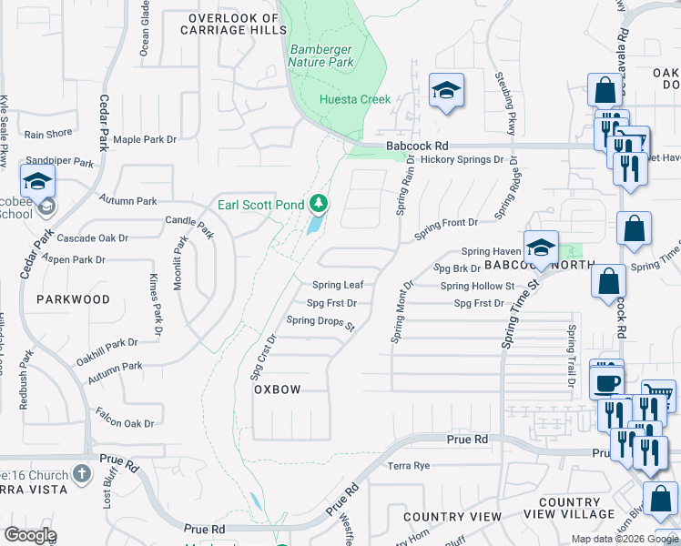 map of restaurants, bars, coffee shops, grocery stores, and more near 7025 Spring Leaf in San Antonio