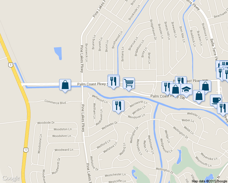 map of restaurants, bars, coffee shops, grocery stores, and more near 215 St Joe Plaza Dr in Palm Coast