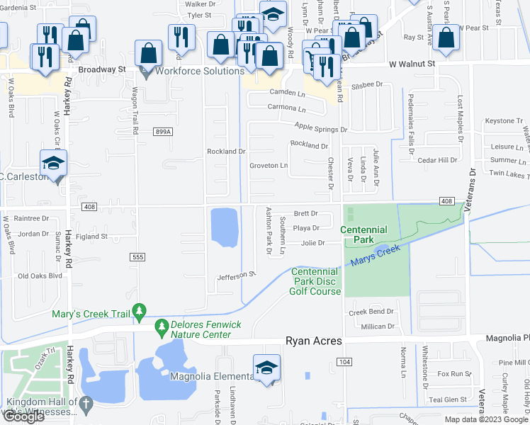 map of restaurants, bars, coffee shops, grocery stores, and more near 3004 Ashton Park Drive in Pearland