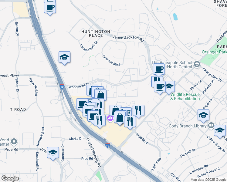 map of restaurants, bars, coffee shops, grocery stores, and more near 4934 Woodstone Drive in San Antonio