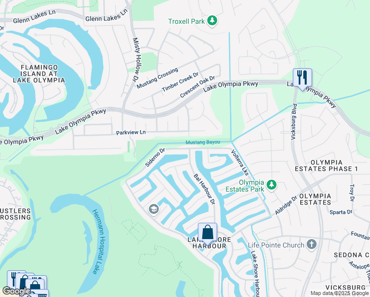 map of restaurants, bars, coffee shops, grocery stores, and more near 3923 Siderno Drive in Missouri City