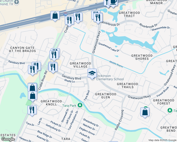 map of restaurants, bars, coffee shops, grocery stores, and more near 7010 Hearthside Drive in Sugar Land