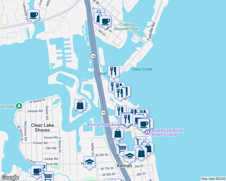 map of restaurants, bars, coffee shops, grocery stores, and more near 511 Waterfront Drive in Seabrook