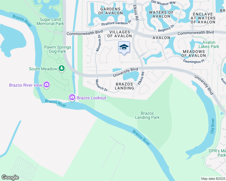map of restaurants, bars, coffee shops, grocery stores, and more near 4114 Monarch Drive in Sugar Land