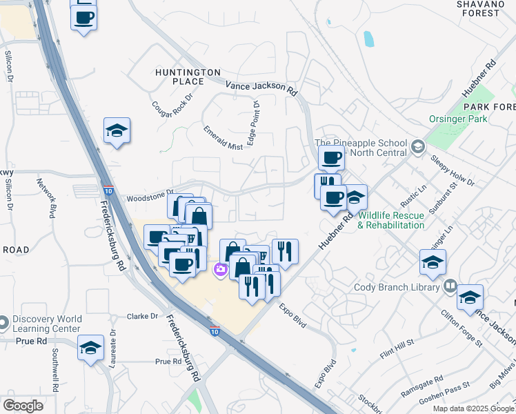 map of restaurants, bars, coffee shops, grocery stores, and more near 12007 Ashrock Court in San Antonio