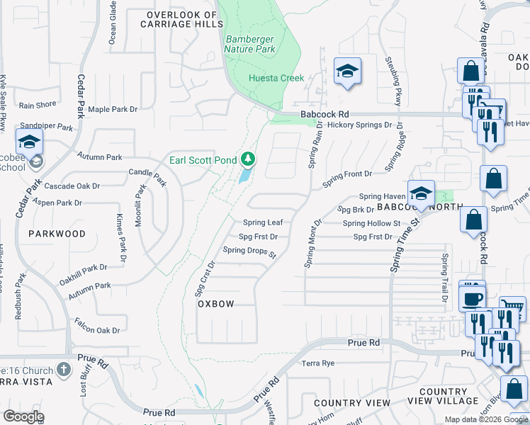map of restaurants, bars, coffee shops, grocery stores, and more near 7025 Spring Leaf in San Antonio