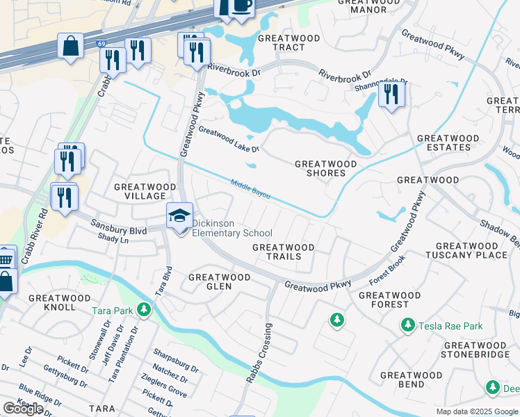 map of restaurants, bars, coffee shops, grocery stores, and more near 1523 Goodnight Court in Sugar Land
