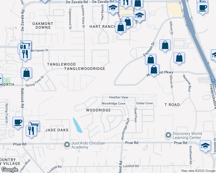 map of restaurants, bars, coffee shops, grocery stores, and more near 6200 Northwest Parkway in San Antonio