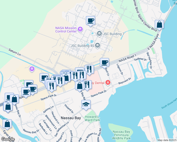 map of restaurants, bars, coffee shops, grocery stores, and more near 2101 East Nasa Parkway in Houston