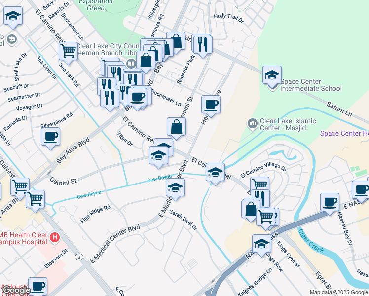 map of restaurants, bars, coffee shops, grocery stores, and more near 17250 El Camino Real in Houston