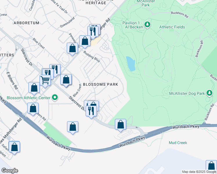map of restaurants, bars, coffee shops, grocery stores, and more near 2100 Peach Blossom Street in San Antonio