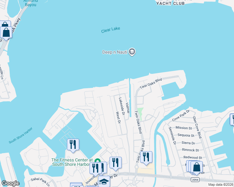 map of restaurants, bars, coffee shops, grocery stores, and more near 210 Lakeside Drive in Kemah