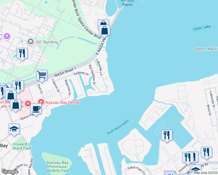 map of restaurants, bars, coffee shops, grocery stores, and more near 2820 Lighthouse Drive in Houston