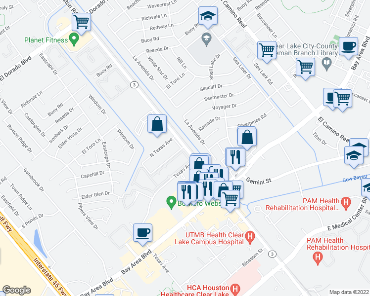 map of restaurants, bars, coffee shops, grocery stores, and more near 16610 Texas 3 in Webster