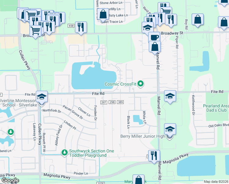 map of restaurants, bars, coffee shops, grocery stores, and more near 2511 Oak Road in Pearland