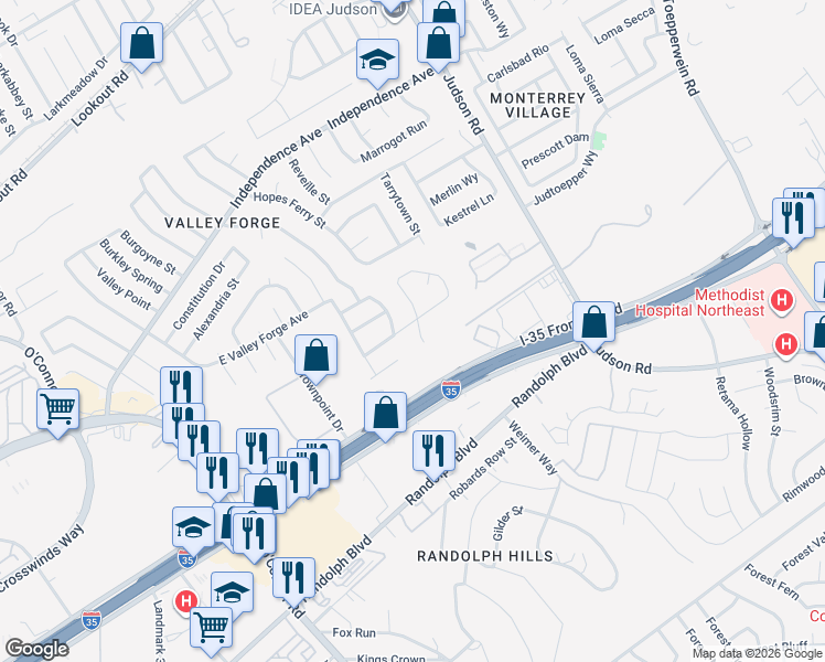 map of restaurants, bars, coffee shops, grocery stores, and more near 6235 Charlottesville Street in San Antonio