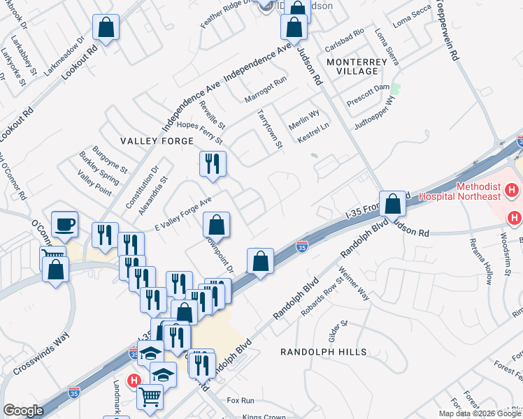 map of restaurants, bars, coffee shops, grocery stores, and more near 12311 Bridge Path Street in San Antonio
