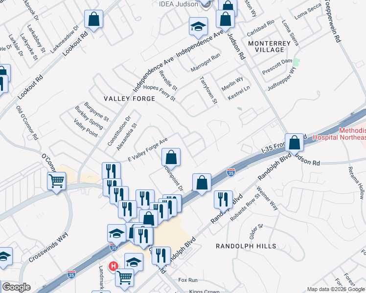 map of restaurants, bars, coffee shops, grocery stores, and more near 12100 Crownpoint Drive in San Antonio