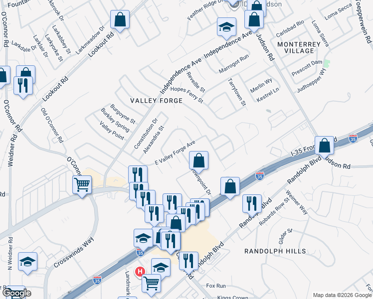 map of restaurants, bars, coffee shops, grocery stores, and more near 12207 Valley Forge Circle in San Antonio