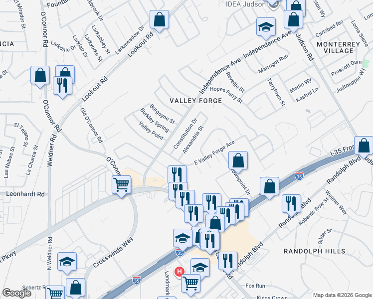 map of restaurants, bars, coffee shops, grocery stores, and more near 12211 Morristown Street in San Antonio