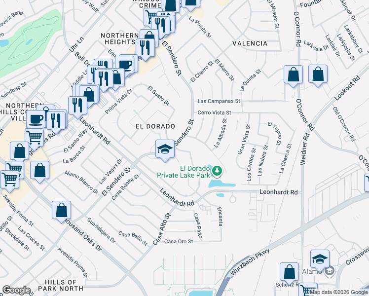 map of restaurants, bars, coffee shops, grocery stores, and more near 12507 La Bahia in San Antonio