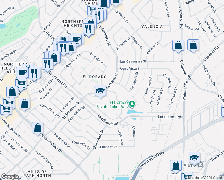 map of restaurants, bars, coffee shops, grocery stores, and more near 12507 La Bahia in San Antonio