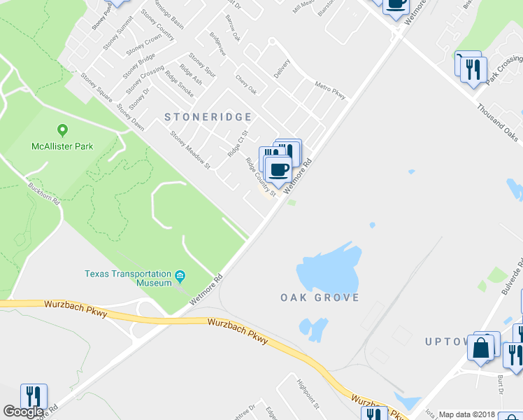 map of restaurants, bars, coffee shops, grocery stores, and more near 3870 Maverick Creek in San Antonio