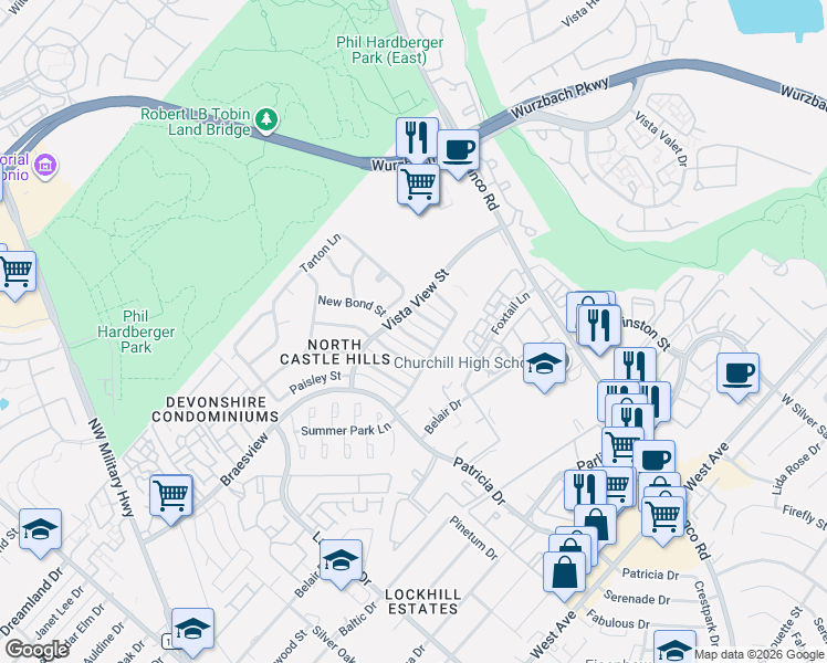 map of restaurants, bars, coffee shops, grocery stores, and more near 1506 Vista Azul in San Antonio