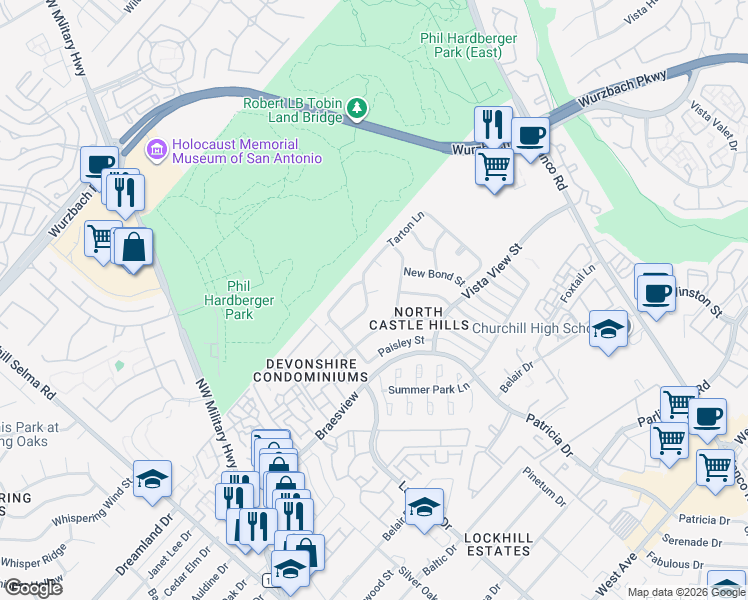 map of restaurants, bars, coffee shops, grocery stores, and more near 1818 Tarton Lane in San Antonio