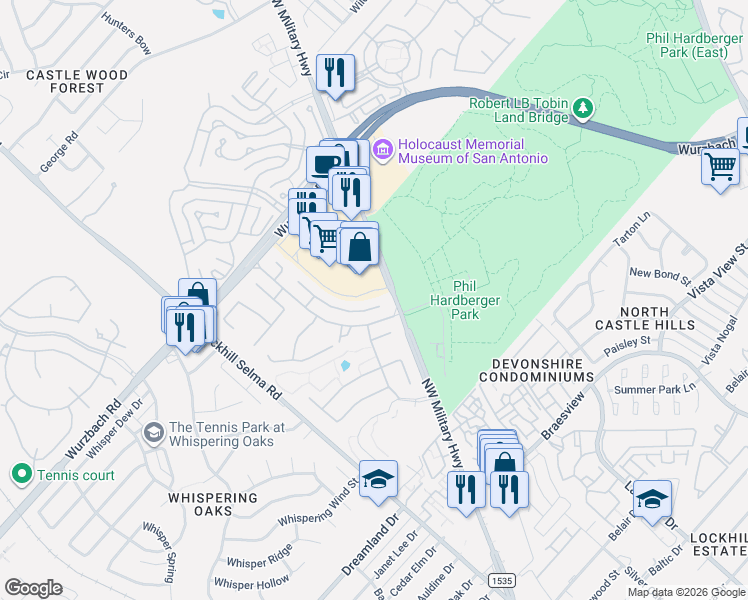map of restaurants, bars, coffee shops, grocery stores, and more near 2314 Dunmore Hill Drive in San Antonio