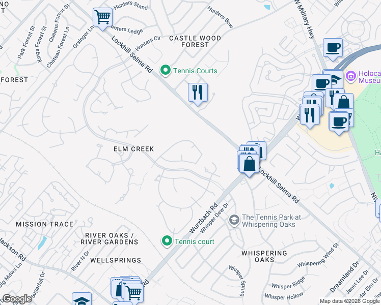 map of restaurants, bars, coffee shops, grocery stores, and more near 11814 Elmscourt in San Antonio