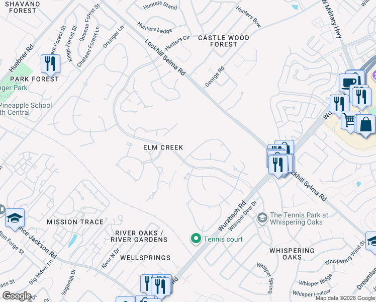 map of restaurants, bars, coffee shops, grocery stores, and more near 11703 Elmscourt in San Antonio