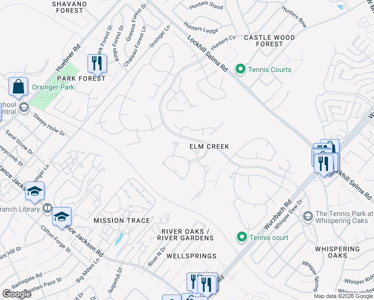 map of restaurants, bars, coffee shops, grocery stores, and more near 1 Westelm Circle in San Antonio