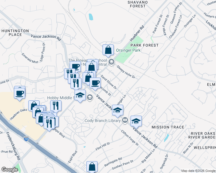 map of restaurants, bars, coffee shops, grocery stores, and more near 22 Rustic Bend in San Antonio