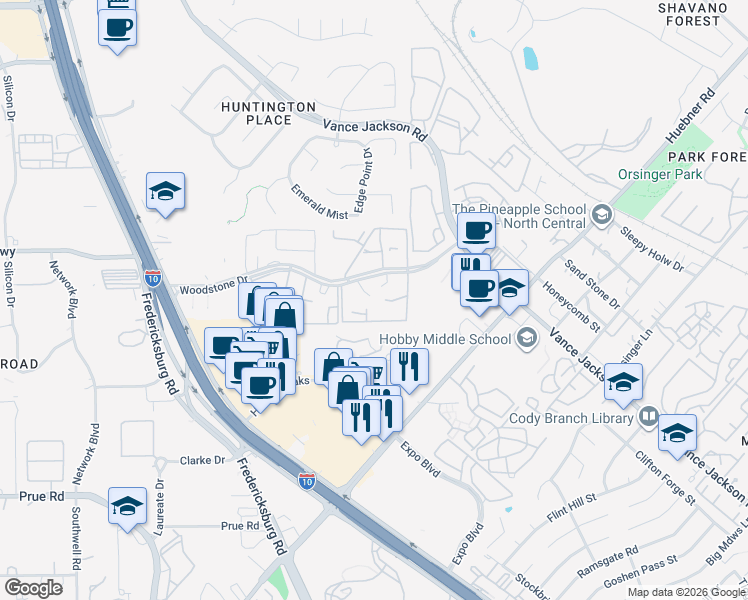 map of restaurants, bars, coffee shops, grocery stores, and more near 12007 Ashrock Court in San Antonio