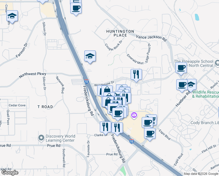 map of restaurants, bars, coffee shops, grocery stores, and more near 4800 Woodstone Drive in San Antonio