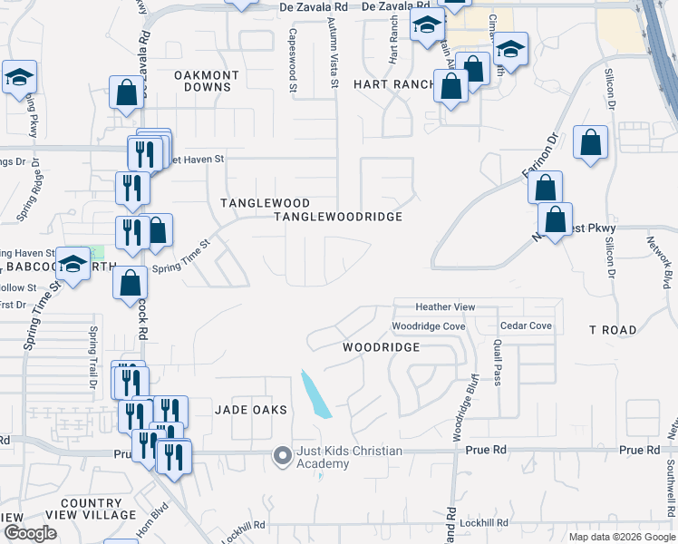 map of restaurants, bars, coffee shops, grocery stores, and more near 6046 Bloomwood Street in San Antonio