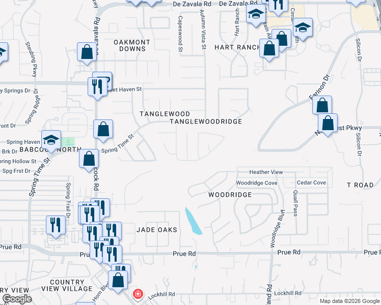 map of restaurants, bars, coffee shops, grocery stores, and more near 11802 Abbottswood Street in San Antonio