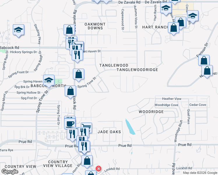 map of restaurants, bars, coffee shops, grocery stores, and more near 6310 Club Oaks Street in San Antonio