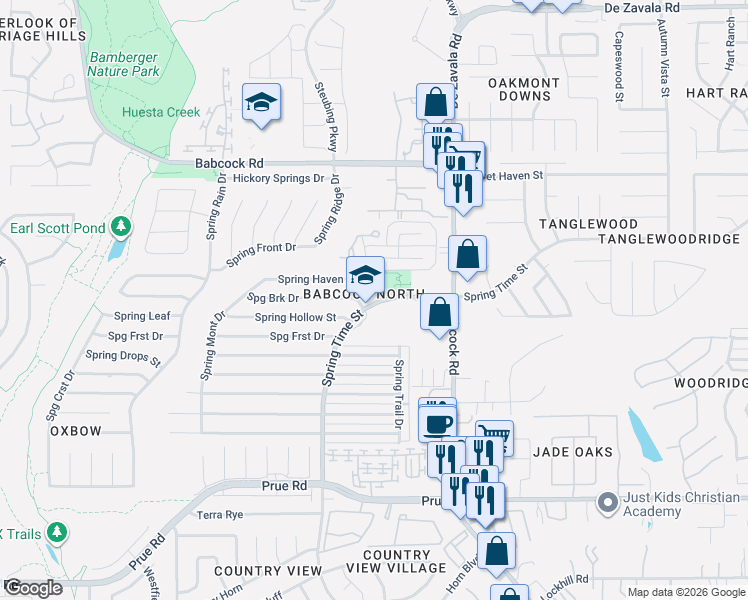 map of restaurants, bars, coffee shops, grocery stores, and more near 6602 Spring Brook Street in San Antonio