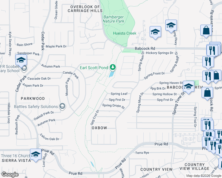 map of restaurants, bars, coffee shops, grocery stores, and more near 7123 Spring Leaf in San Antonio