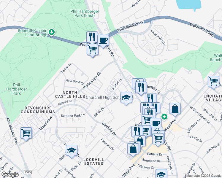 map of restaurants, bars, coffee shops, grocery stores, and more near 12 Fox Tail in San Antonio
