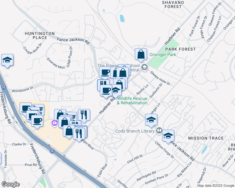 map of restaurants, bars, coffee shops, grocery stores, and more near Huebner Rd & Vance Jackson Rd in San Antonio
