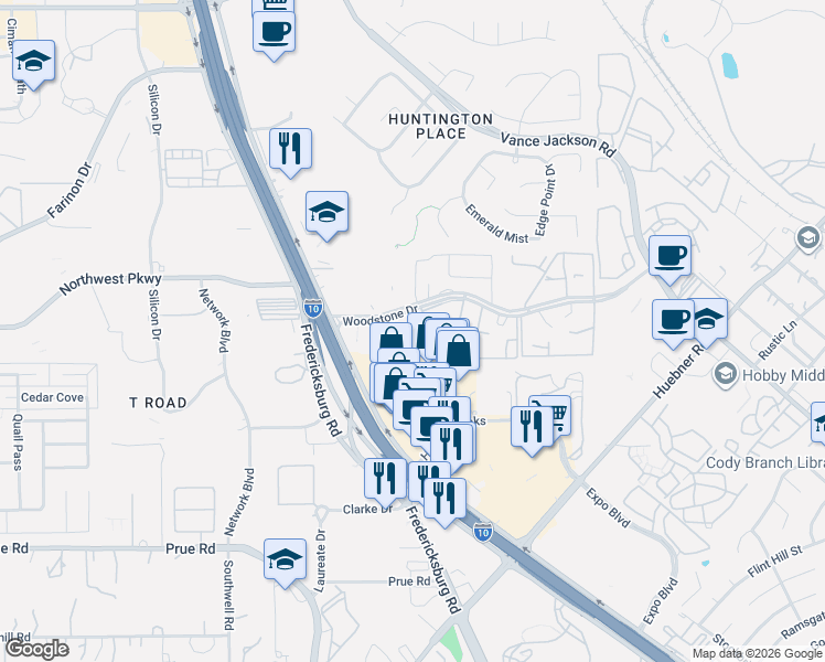 map of restaurants, bars, coffee shops, grocery stores, and more near 4800 Woodstone Drive in San Antonio
